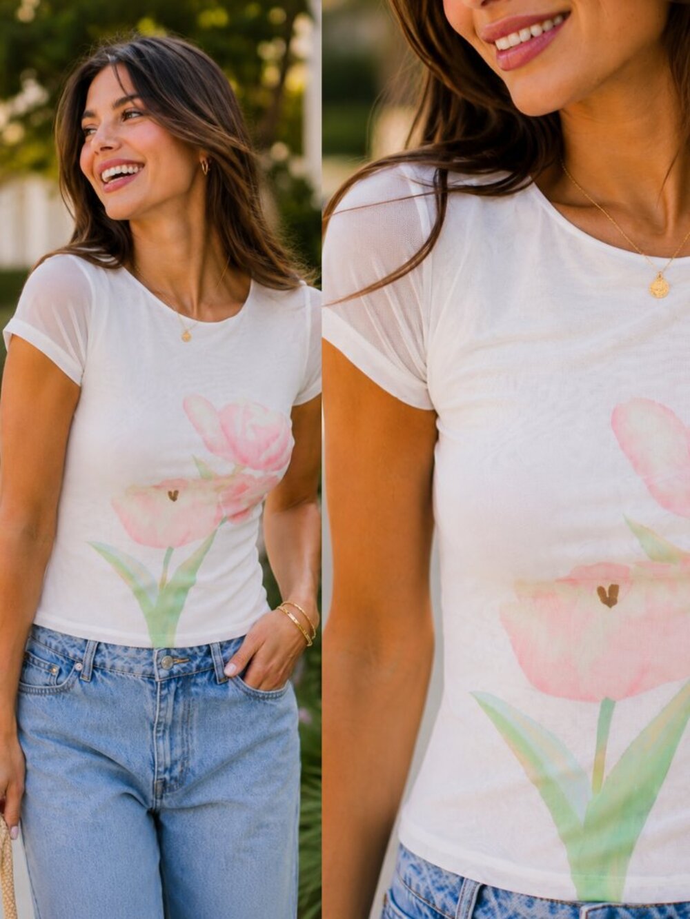 Avery Short Sleeve Flower Graphic Mesh Top | Women's Summer Shirt
